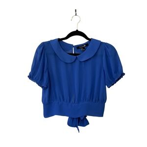 Blue Peter Pan Collar Crop Top Women Medium Tie Back Blouse